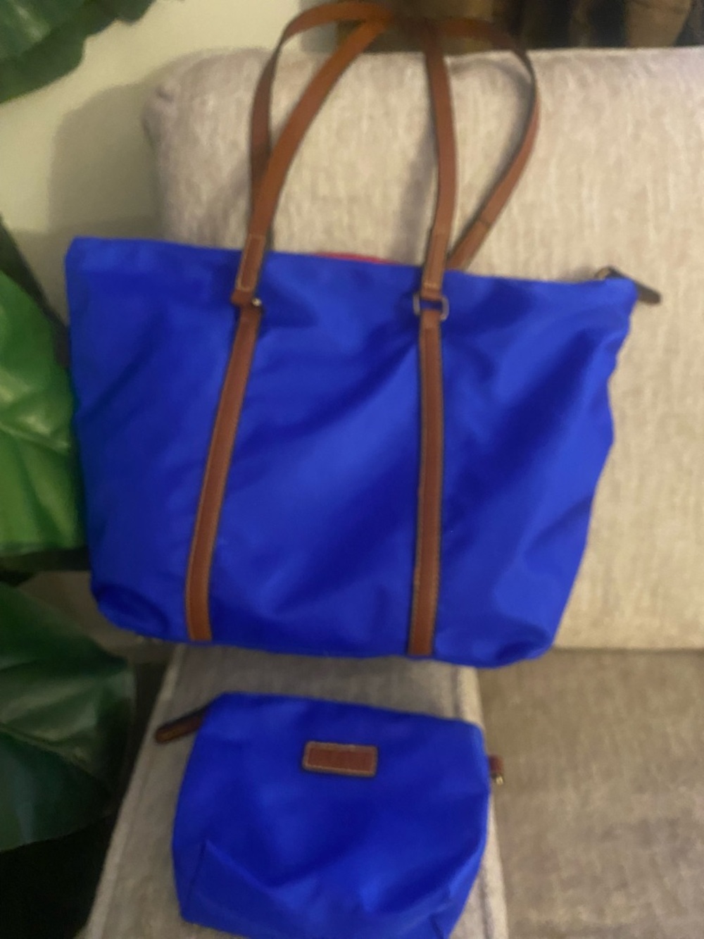Blue Nylon Tote Bag with Brown Trim - Spacious Everyday Carry